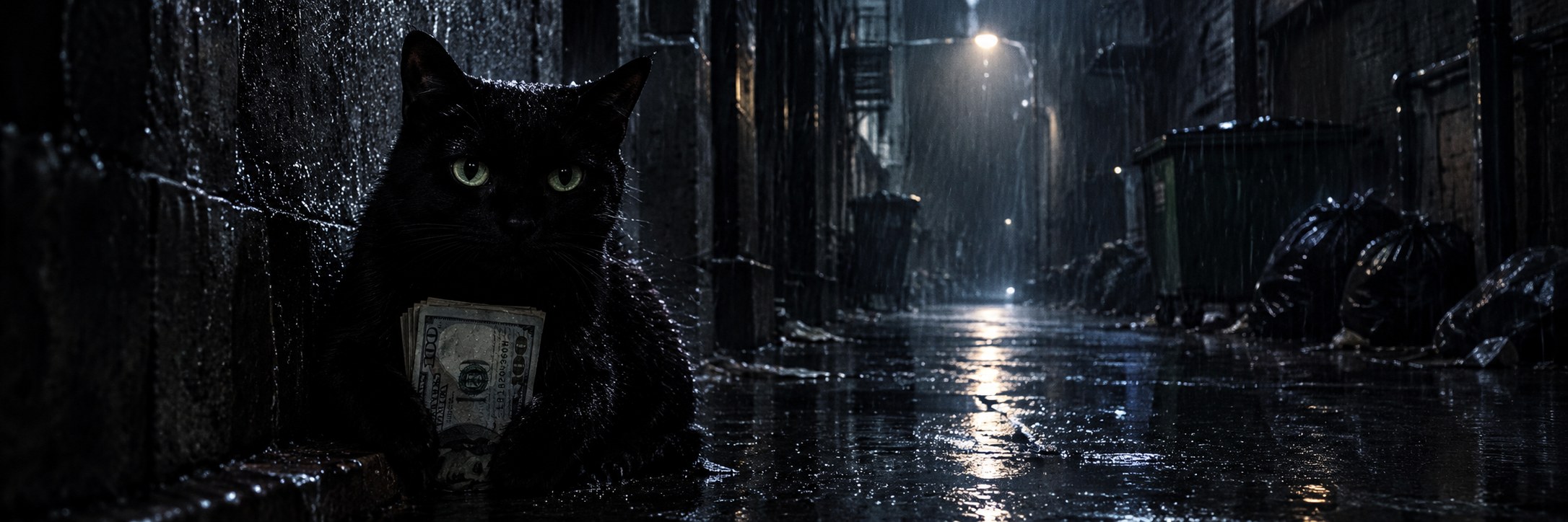 Black cat in a rainy alley holding a stack of hundred-dollar bills — $Blackcat