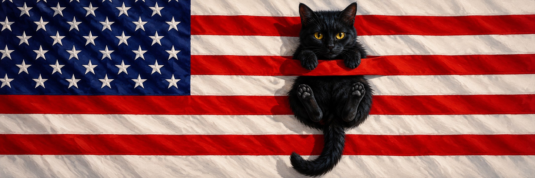 Black kitten hanging from the stripes of Old Glory