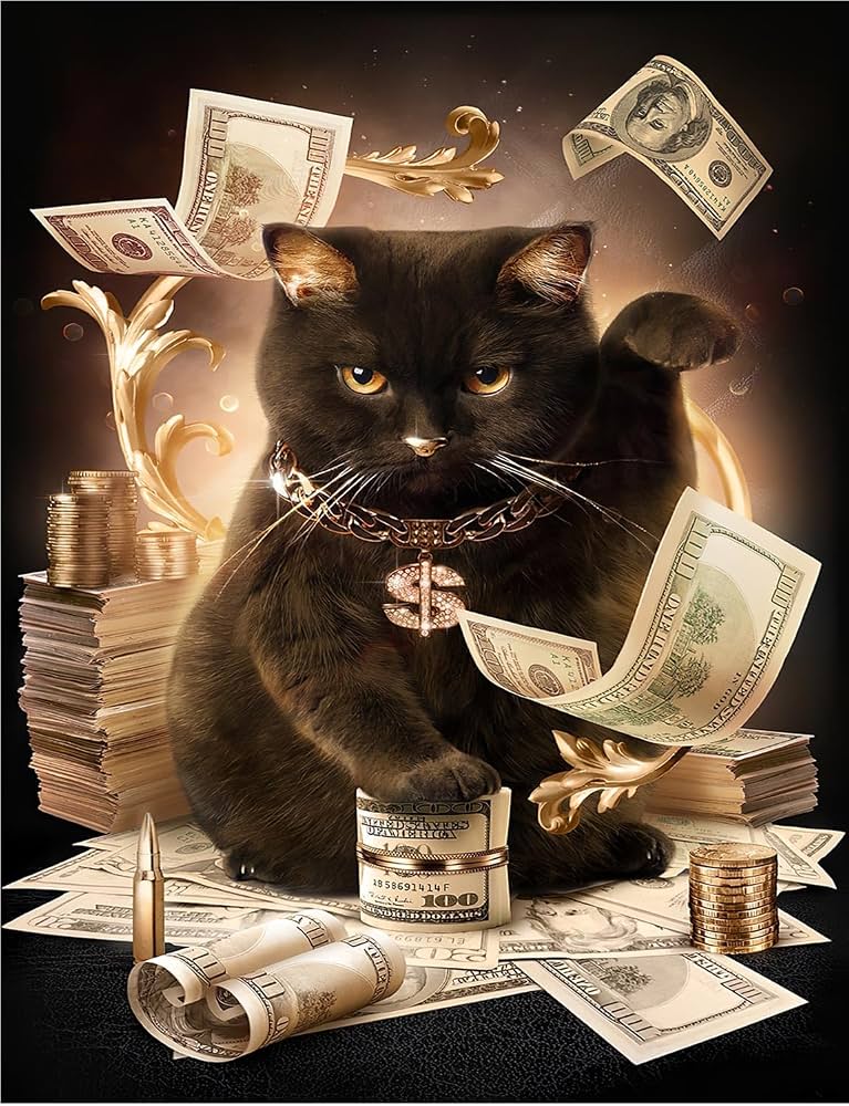 Stylized black cat with gold chain and cash — brand art